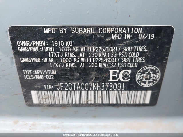 JF2GTACC7KH373091 Subaru Crosstrek Touring