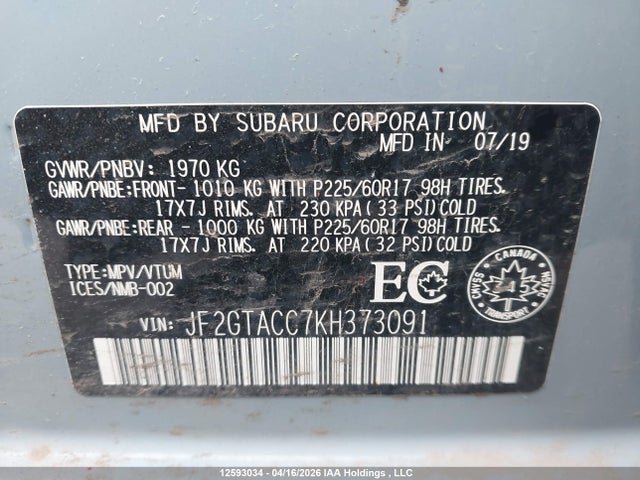 JF2GTACC7KH373091 Subaru Crosstrek Touring
