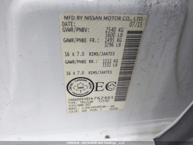 Aukcja sprzedaży 2015 Nissan Frontier Pro-4x, vin: 1N6AD0EV8FN762465, numer aukcji: 12593038