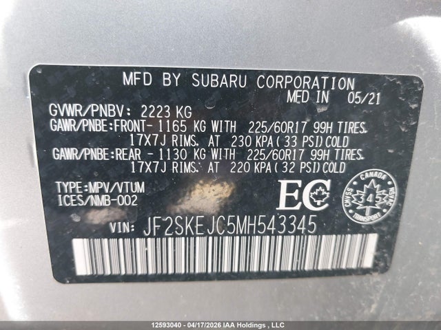 Aukcja sprzedaży 2021 Subaru Forester Touring, vin: JF2SKEJC5MH543345, numer aukcji: 12593040