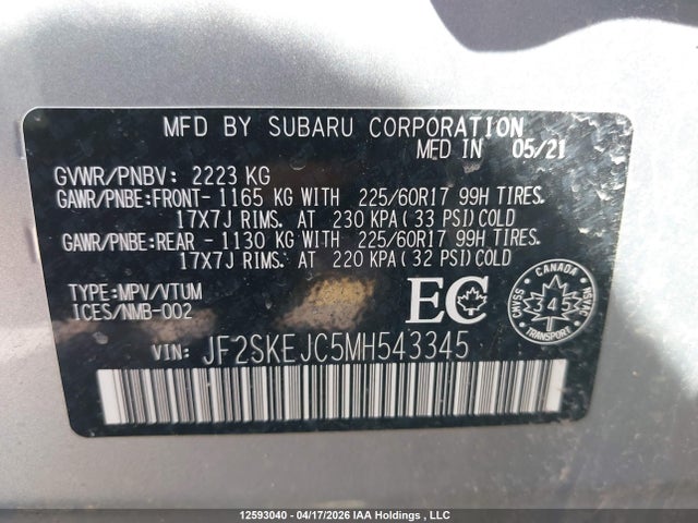 Aukcja sprzedaży 2021 Subaru Forester Touring, vin: JF2SKEJC5MH543345, numer aukcji: 12593040