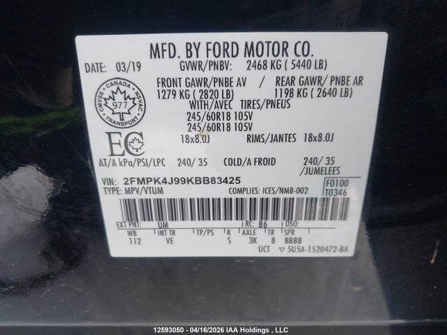 Продаж на аукціоні авто 2019 Ford Edge Sel, vin: 2FMPK4J99KBB83425, номер лоту: 12593050