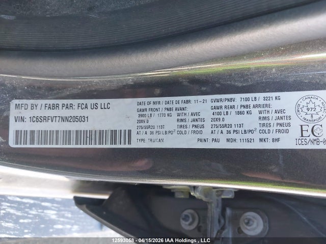 12593058 :رقم المزاد ، 1C6SRFVT7NN205031 vin ، 2022 Ram 1500 Sport مزاد بيع