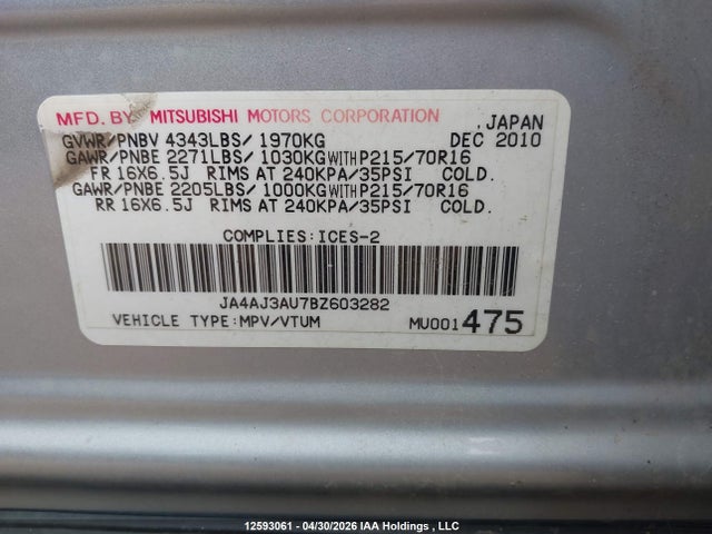 2011 Mitsubishi Rvr Se მანქანა იყიდება აუქციონზე, vin: JA4AJ3AU7BZ603282, აუქციონის ნომერი: 12593061