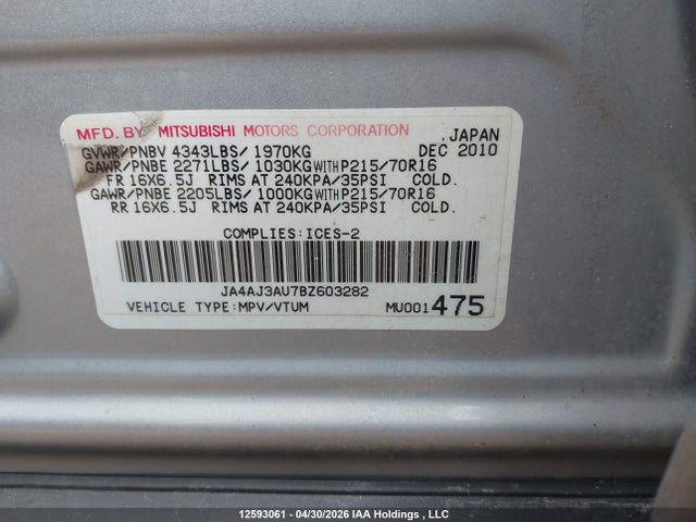 2011 Mitsubishi Rvr Se მანქანა იყიდება აუქციონზე, vin: JA4AJ3AU7BZ603282, აუქციონის ნომერი: 12593061