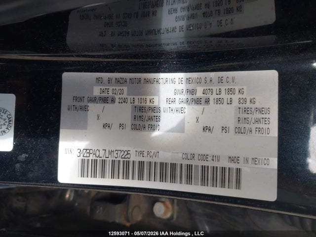 2020 Mazda Mazda3 Gs მანქანა იყიდება აუქციონზე, vin: 3MZBPACL7LM137225, აუქციონის ნომერი: 12593071