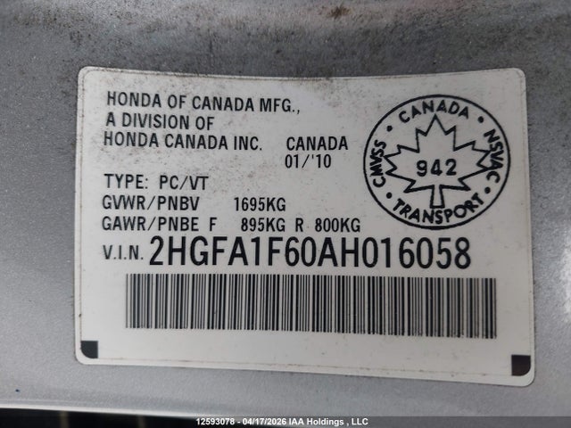Продаж на аукціоні авто 2010 Honda Civic, vin: 2HGFA1F60AH016058, номер лоту: 12593078