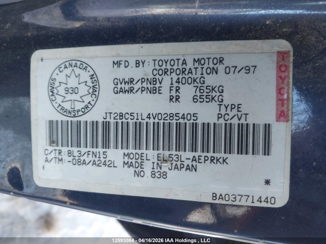 12593084 :رقم المزاد ، JT2BC51L4V0285405 vin ، 1997 Toyota Tercel Ce مزاد بيع