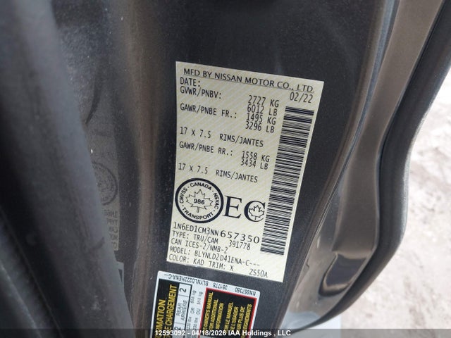 2022 Nissan Frontier მანქანა იყიდება აუქციონზე, vin: 1N6ED1CM3NN657350, აუქციონის ნომერი: 12593092