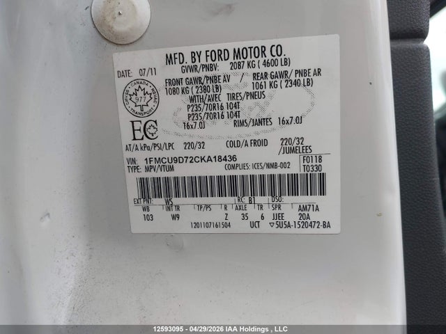 Продажа на аукционе авто 2012 Ford Escape Xlt, vin: 1FMCU9D72CKA18436, номер лота: 12593095