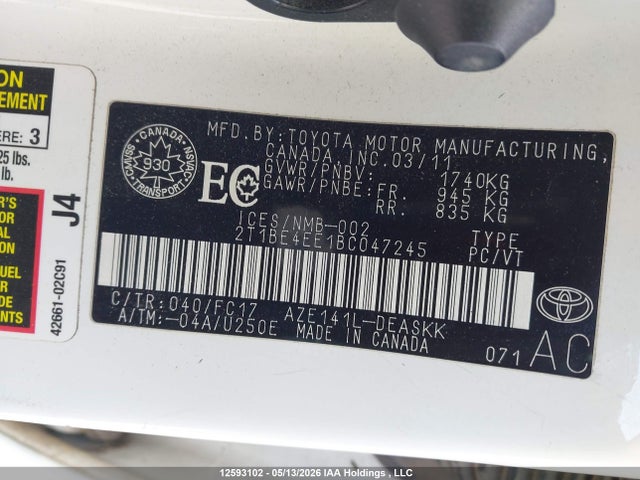 12593102 :رقم المزاد ، 2T1BE4EE1BC047245 vin ، 2011 Toyota Corolla مزاد بيع