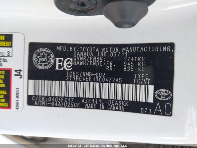 12593102 :رقم المزاد ، 2T1BE4EE1BC047245 vin ، 2011 Toyota Corolla مزاد بيع