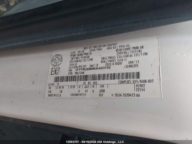 12593107 :رقم المزاد ، 1FTYR2XM4KKA03102 vin ، 2019 Ford Transit-250 مزاد بيع