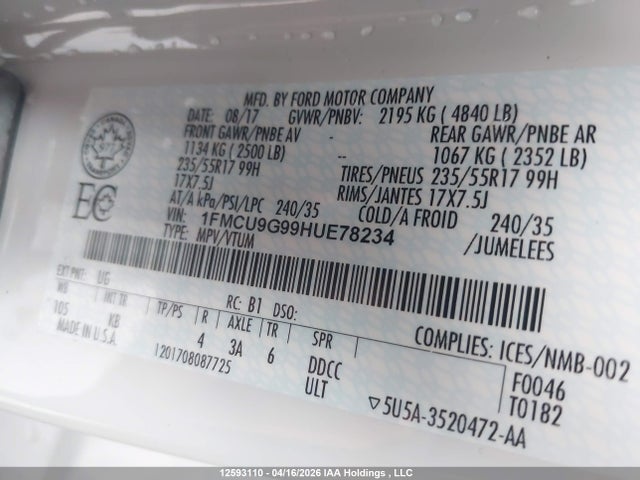 1FMCU9G99HUE78234 Ford ESCAPE SE