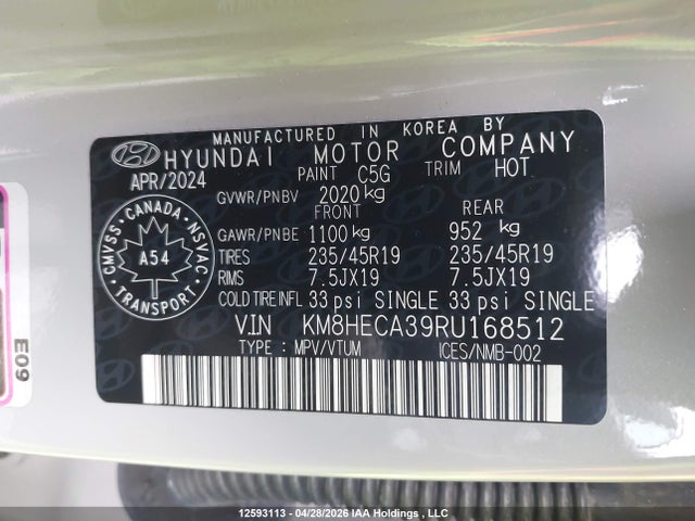 12593113 :رقم المزاد ، KM8HECA39RU168512 vin ، 2024 Hyundai Kona Limited مزاد بيع