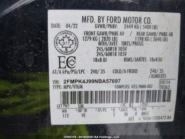 Продажа на аукционе авто 2022 Ford Edge Sel, vin: 2FMPK4J99NBA57697, номер лота: 12593119