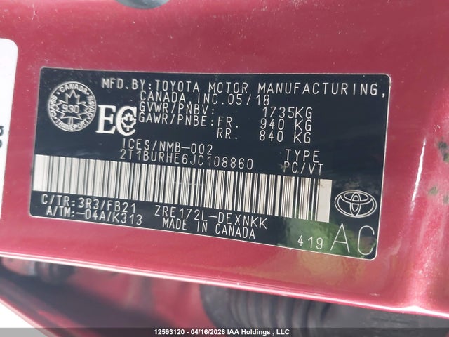 2T1BURHE6JC108860 Toyota Corolla L/le/xle/se/xse