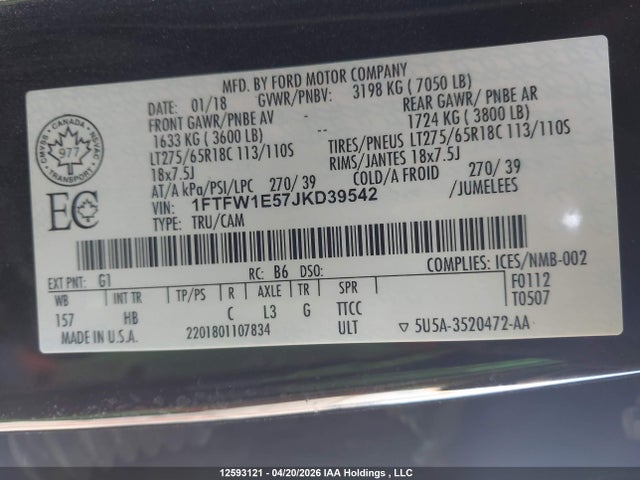 1FTFW1E57JKD39542 Ford F-150 Lariat