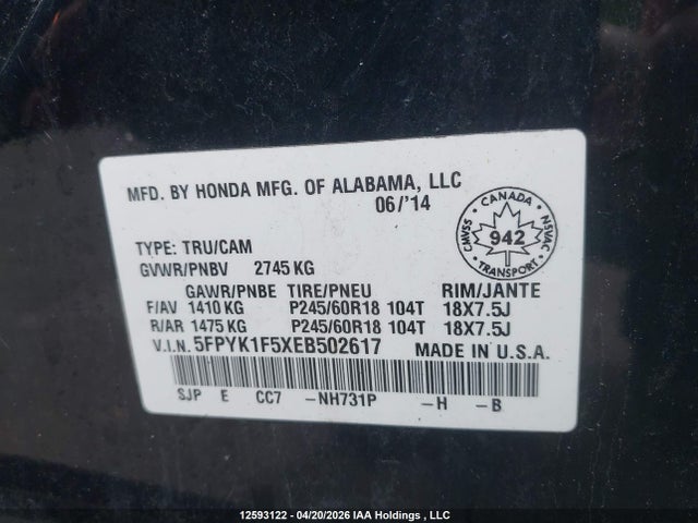 Aukcja sprzedaży 2014 Honda Ridgeline Touring, vin: 5FPYK1F5XEB502617, numer aukcji: 12593122