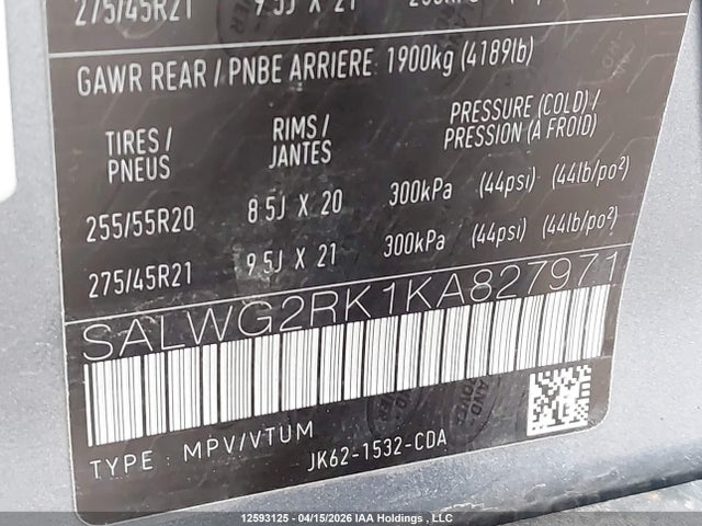 SALWG2RK1KA827971 Land Rover Range Rover Sport Se