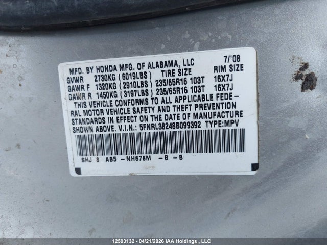 2008 Honda Odyssey Lx მანქანა იყიდება აუქციონზე, vin: 5FNRL38248B099392, აუქციონის ნომერი: 12593132