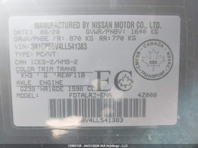 12593135 :رقم المزاد ، 3N1CP5BV4LL541383 vin ، 2020 Nissan Kicks S مزاد بيع