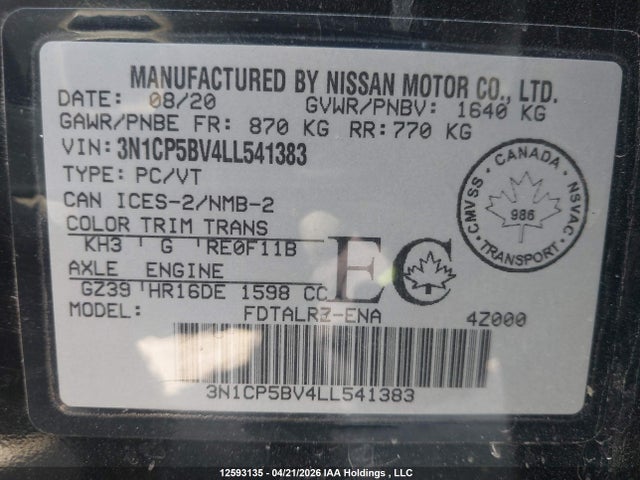 12593135 :رقم المزاد ، 3N1CP5BV4LL541383 vin ، 2020 Nissan Kicks S مزاد بيع