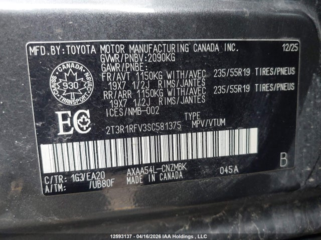 2025 Toyota Rav4 Xle მანქანა იყიდება აუქციონზე, vin: 2T3R1RFV3SC581375, აუქციონის ნომერი: 12593137