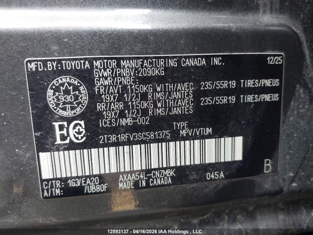 2025 Toyota Rav4 Xle მანქანა იყიდება აუქციონზე, vin: 2T3R1RFV3SC581375, აუქციონის ნომერი: 12593137