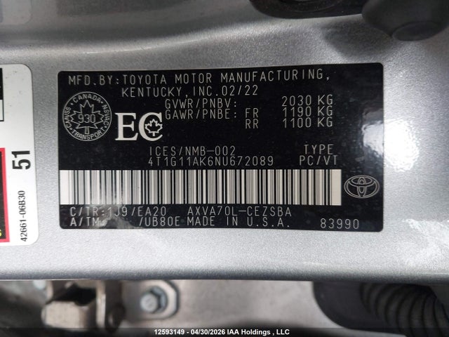 4T1G11AK6NU672089 Toyota CAMRY SE