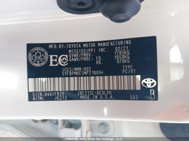 2021 Toyota Corolla Le მანქანა იყიდება აუქციონზე, vin: 5YFBPMBE5MP218094, აუქციონის ნომერი: 12593155