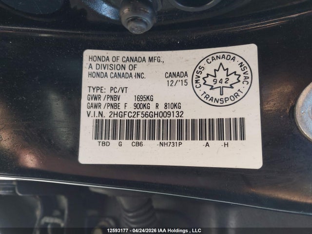 Aukcja sprzedaży 2016 Honda Civic Lx, vin: 2HGFC2F56GH009132, numer aukcji: 12593177