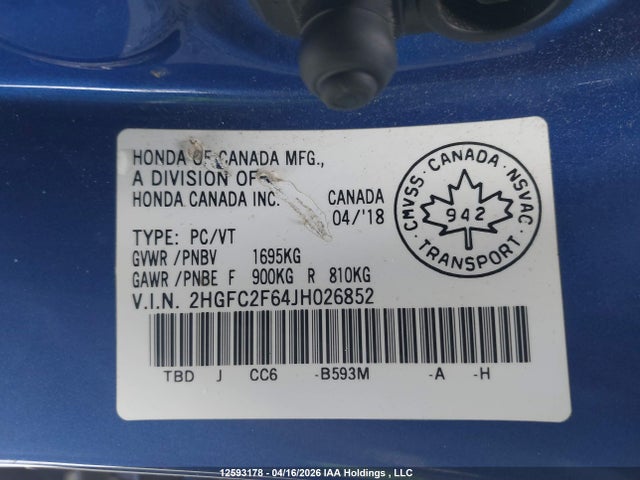 Aukcja sprzedaży 2018 Honda Civic Lx, vin: 2HGFC2F64JH026852, numer aukcji: 12593178