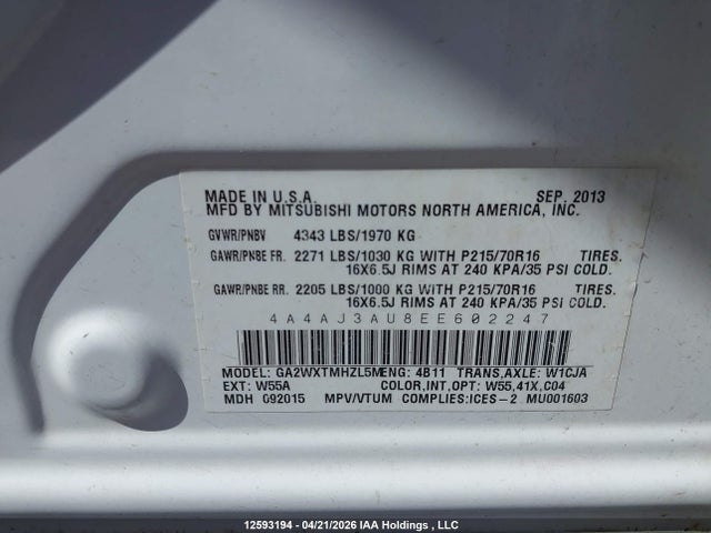 Aukcja sprzedaży 2014 Mitsubishi Rvr, vin: 4A4AJ3AU8EE602247, numer aukcji: 12593194