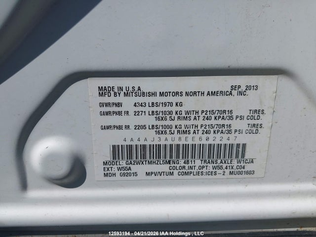 Aukcja sprzedaży 2014 Mitsubishi Rvr, vin: 4A4AJ3AU8EE602247, numer aukcji: 12593194