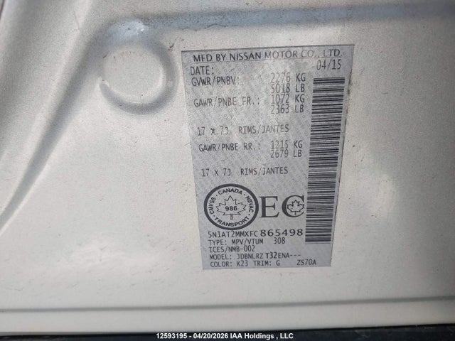 5N1AT2MMXFC865498 Nissan Rogue S/sl/sv