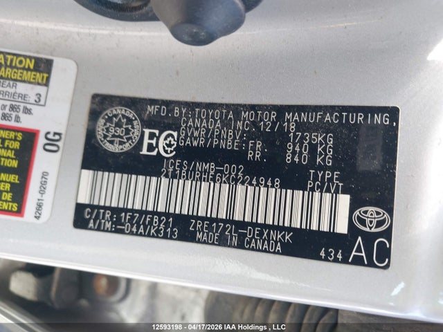 2019 Toyota Corolla L/le/xle/se/xse მანქანა იყიდება აუქციონზე, vin: 2T1BURHE6KC224948, აუქციონის ნომერი: 12593198