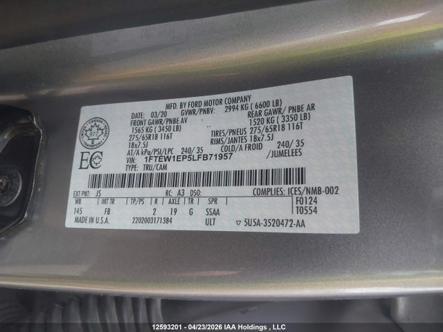 Aukcja sprzedaży 2020 Ford F-150 Xlt, vin: 1FTEW1EP5LFB71957, numer aukcji: 12593201