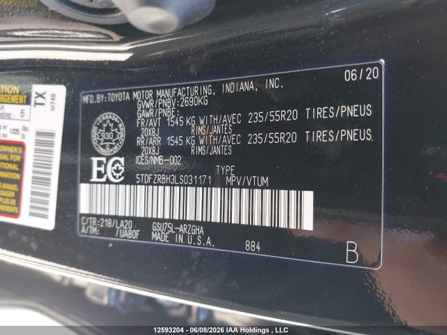 12593204 :رقم المزاد ، 5TDFZRBH3LS031171 vin ، 2020 Toyota Highlander Platinum مزاد بيع