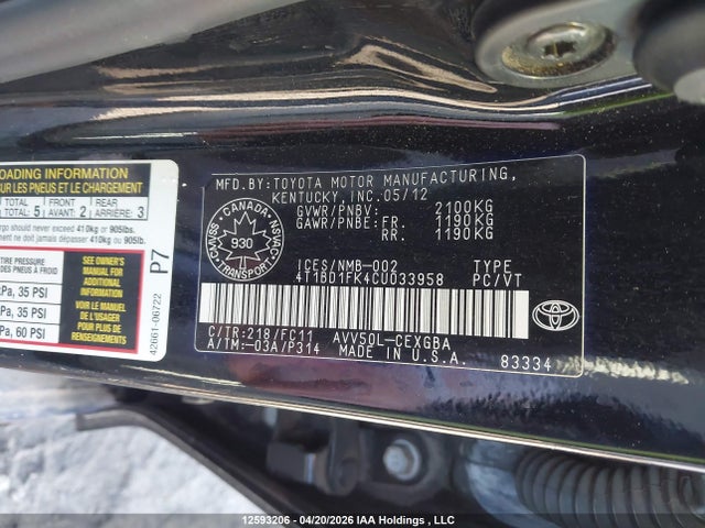 2012 Toyota Camry Hybrid Xle მანქანა იყიდება აუქციონზე, vin: 4T1BD1FK4CU033958, აუქციონის ნომერი: 12593206