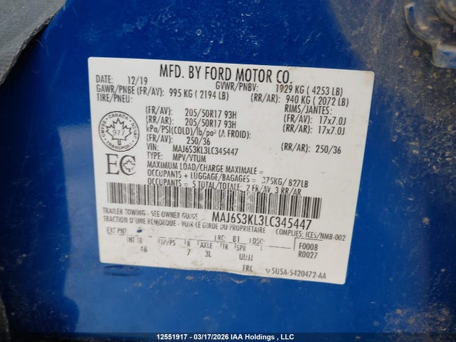12551917 :رقم المزاد ، MAJ6S3KL3LC345447 vin ، 2020 Ford Ecosport Titanium مزاد بيع
