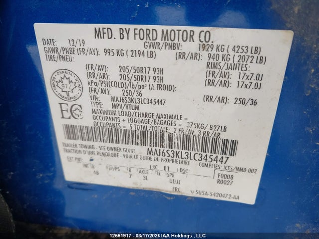 12551917 :رقم المزاد ، MAJ6S3KL3LC345447 vin ، 2020 Ford Ecosport Titanium مزاد بيع