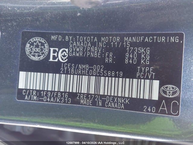 2T1BURHE0GC558819 Toyota COROLLA LE