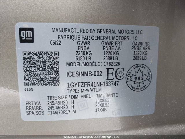 12566239 :رقم المزاد ، 1GYFZFR41NF163747 vin ، 2022 Cadillac Xt4 Sport مزاد بيع