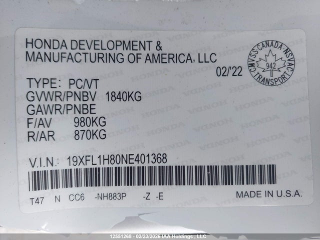 19XFL1H80NE401368 Honda Civic Sport/sport Touring