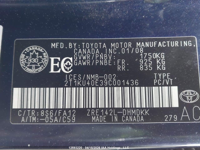 2009 Toyota Corolla Matrix მანქანა იყიდება აუქციონზე, vin: 2T1KU40E39C001436, აუქციონის ნომერი: 12593220