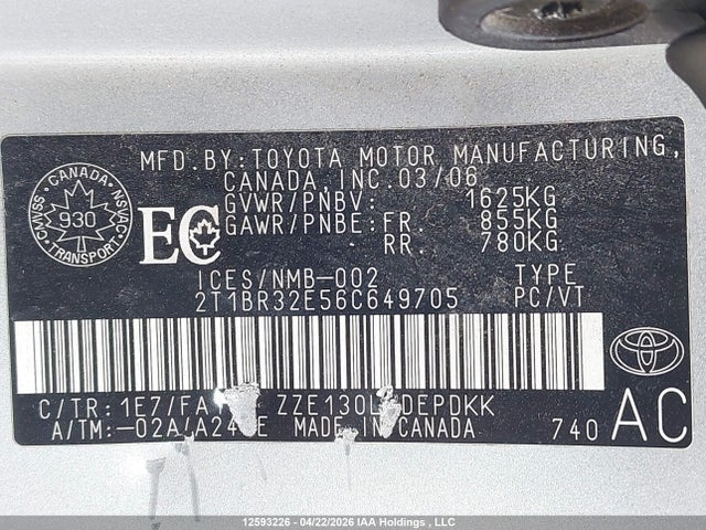 12593226 :رقم المزاد ، 2T1BR32E56C649705 vin ، 2006 Toyota Corolla Ce/le/sport مزاد بيع