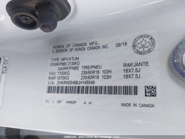 2018 Honda Cr-v მანქანა იყიდება აუქციონზე, vin: 2HKRW2H88JH149546, აუქციონის ნომერი: 12593235