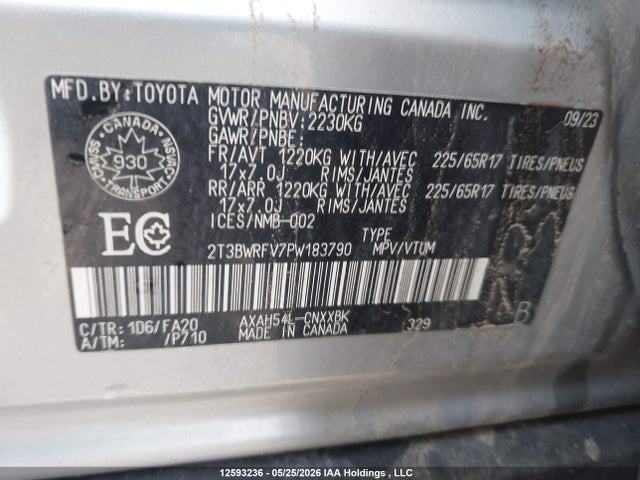 12593236 :رقم المزاد ، 2T3BWRFV7PW183790 vin ، 2023 Toyota Rav4 Le مزاد بيع
