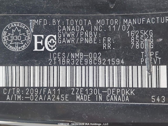 12593238 :رقم المزاد ، 2T1BR32E98C921594 vin ، 2008 Toyota Corolla Ce/le/s مزاد بيع